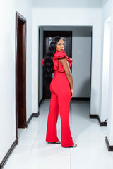 ELLE DOUBLE LAYER RUFFLE  SLEEVE JUMPSUIT||RED