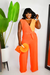 BRAYNA BELTED COLOR BLOCK JUMPSUIT||ORANGE