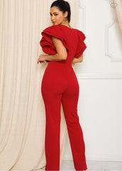 ELLE DOUBLE LAYER RUFFLE  SLEEVE JUMPSUIT||RED