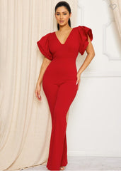 ELLE DOUBLE LAYER RUFFLE  SLEEVE JUMPSUIT||RED