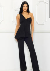 LEEA ONE SHOULDER FLAP FRONT JUMPSUIT||BLACK