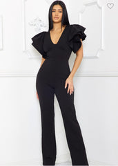 ELLE DOUBLE LAYER RUFFLE  SLEEVE JUMPSUIT||BLACK