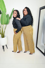 MEENA STRIPED HIGH WAISTED PULL ON PALAZZO PANTS||MUSTARD